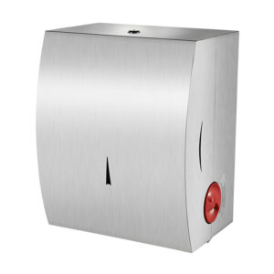 Stainless steel center   pull paper dispenser with red knob wall   mountable for restroom use