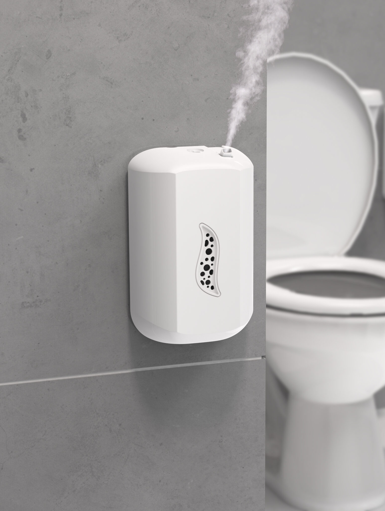 Wall mounted automatic aroma diffuser in a modern restroom positioned beside a toilet compact white design with decorative front panel