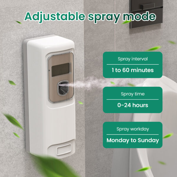 Automatic air freshener dispenser with adjustable spray settings Features spray intervals from 1 to 60 minutes active spray time from 0 to 24 hours and programmable workdays from monday to sunday