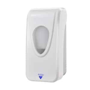 White ABS manual soap dispenser 500ml refillable bottle compatible with foam spray liquid Features a viewing window for soap level monitoring suitable for public restrooms or commercial use.