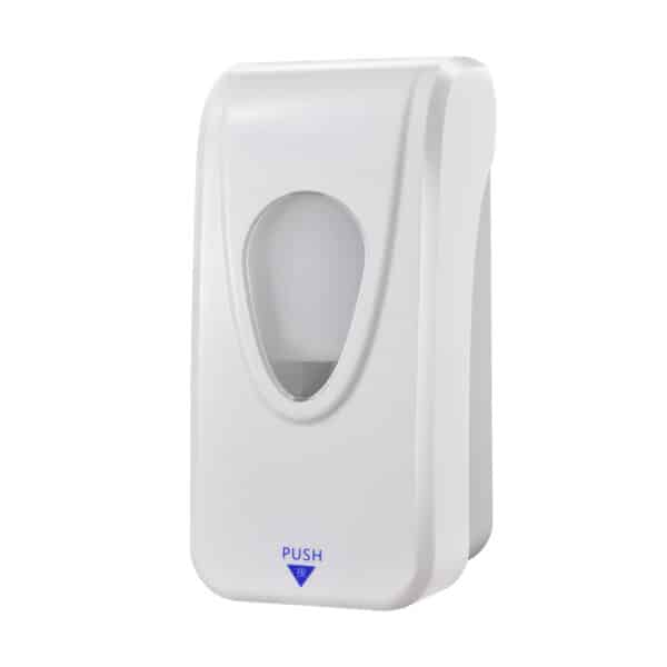 White abs manual soap dispenser 500ml refillable bottle compatible with foam spray liquid features a viewing window for soap level monitoring suitable for public restrooms or commercial use