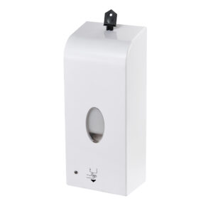 White automatic soap dispenser featuring infrared sensor, front viewing window, and support for foam, liquid, or spray soap features 1000ml capacity, automatic dispensing, lockable design, and battery or 9V adapter power supply.