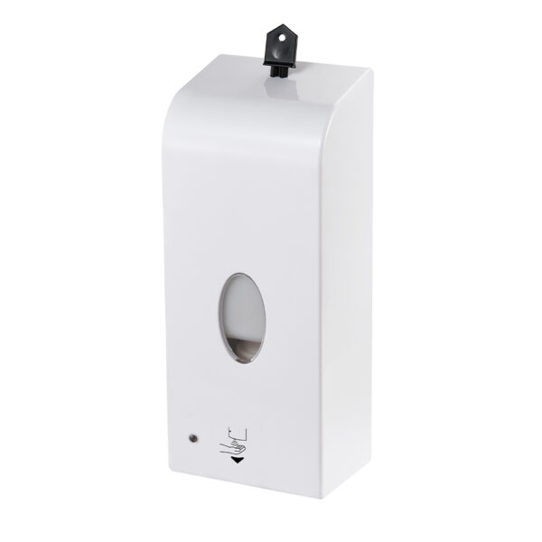 White automatic soap dispenser featuring infrared sensor front viewing window and support for foam liquid or spray soap features 1000ml capacity automatic dispensing lockable design and battery or 9v adapter power supply