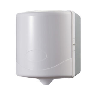 White center pull paper towel dispenser made of matte plastic with a smooth rounded design The bottom includes a cone shaped outlet for paper dispensing A metal keyhole is visible on the right side for secure access suitable for public restrooms or office facilities