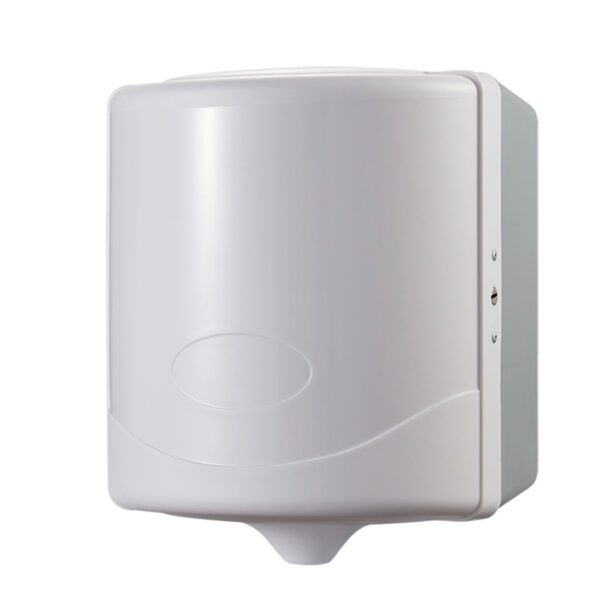 White center pull paper towel dispenser made of matte plastic with a smooth rounded design The bottom includes a cone shaped outlet for paper dispensing A metal keyhole is visible on the right side for secure access suitable for public restrooms or office facilities