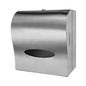 Stainless steel automatic paper towel dispenser black sensor window and a paper outlet T supports non perforated roll towels runs on ac power or 4 r20 batteries Dimensions 386x227x347mm