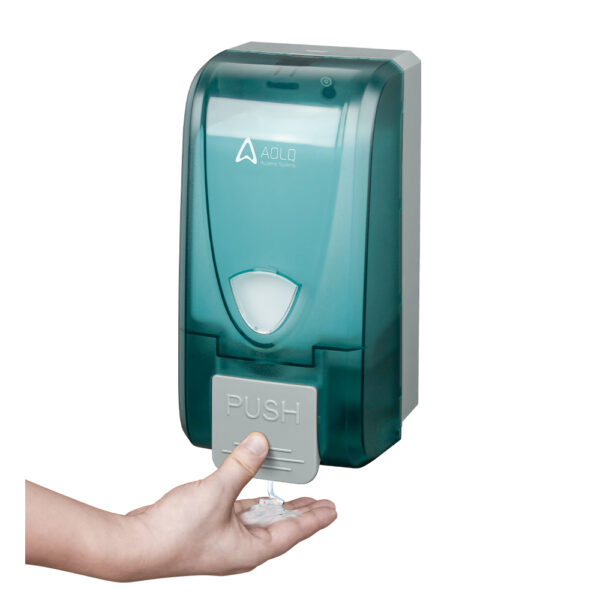 Wall mounted manual foam soap dispenser with green transparent casing and push button designed for press to dispense usage