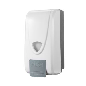 Manual soap dispenser with white casing and a grey blue push button compatible with liquid soap or spray sanitizer Features a 1000ml refillable bottle front viewing window and security lock designed for wall mounting
