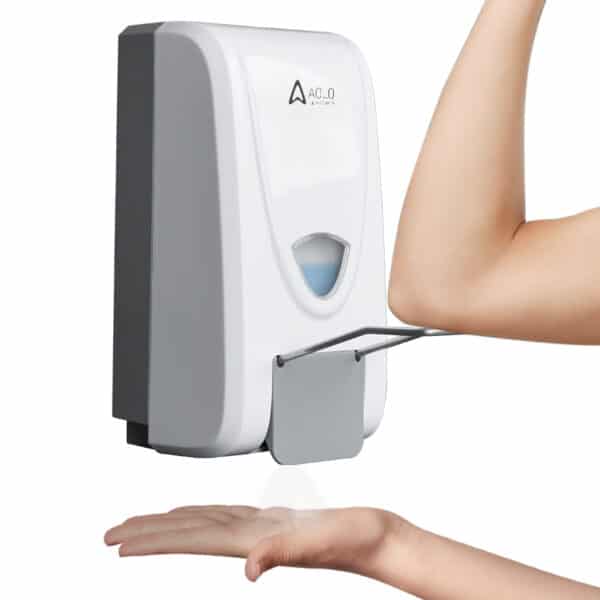 Wall mounted manual soap dispenser with elbow operated lever The user activates foam dispensing by pressing the lever with their elbow Ideal for hands free hygiene environments