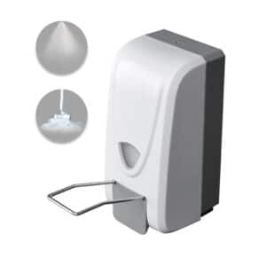 Wall mounted manual soap dispenser with elbow operated handle compatible with spray and foam outputs Includes a transparent window to monitor liquid level Designed for medical or hygiene sensitive environments