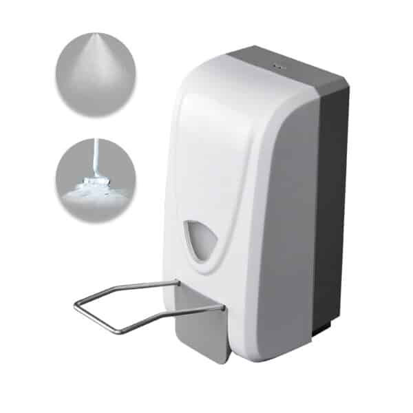 Wall mounted manual soap dispenser with elbow operated handle compatible with spray and foam outputs Includes a transparent window to monitor liquid level Designed for medical or hygiene sensitive environments