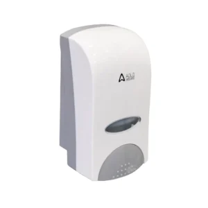White manual soap dispenser Features a white abs body with a grey base and front viewing window Compatible with liquid spray or gel pump types 500ml refillable capacity with an anti drip pump and keyed lock