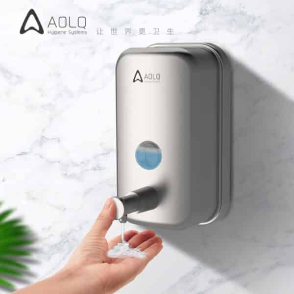 Aolq stainless steel wall mounted manual soap dispenser on marble wall dispensing foam soap ideal for commercial or premium restrooms