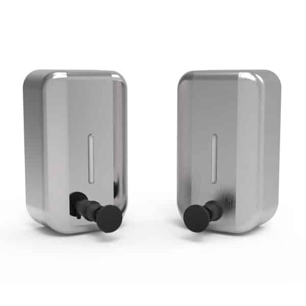 Two stainless steel manual soap dispensers shown from different angles featuring black push buttons and liquid level window ideal for commercial restrooms