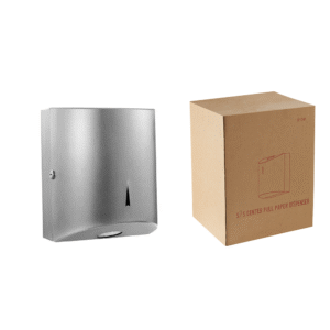 The center tissue dispenser made of stainless steel on the right is its packaging box for storing and transportingcenter pull paper towel dispenser wet wipes dispenser