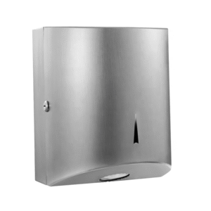 Stainless steel central toilet paper dispenser with a metallic silver box appearance and lock design suitable for public restrooms and other places
