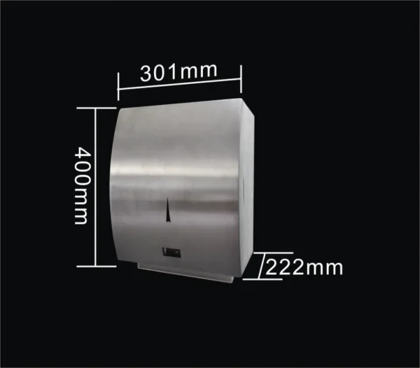 Stainless steel automatic paper towel dispenser The front features a downward arrow shaped paper level window The units dimensions 400mm height 301mm width and 222mm depth