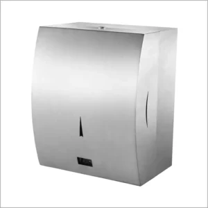 Stainless steel automatic paper towel dispenser non perforated roll towels featuring a front viewing window for paper level infrared sensor and timer operation modes adjustable sheet length 203040cm and compatibility with either 4 r20 batteries or a 220240v ac adapter