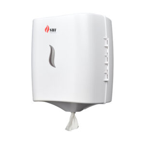 White wall mounted center pull tissue dispenser with sbf logo showing a tissue being dispensed