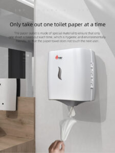 Wall mounted toilet paper dispenser releasing a single sheet promoting hygienic and eco friendly use