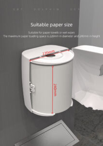 Wall mounted paper towel dispenser showing internal dimensions supports paper rolls up to 220mm in diameter and 240mm in height