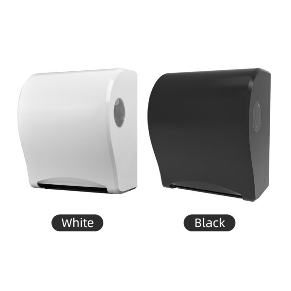 Two wall mounted automatic paper towel dispensers both have a curved design with a round transparent window on the side for monitoring paper levels