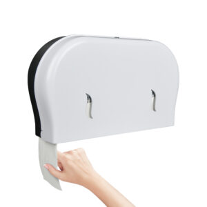 Two dual roll toilet paper dispensers Both feature a rounded design with two viewing windows on the front for monitoring paper levels
