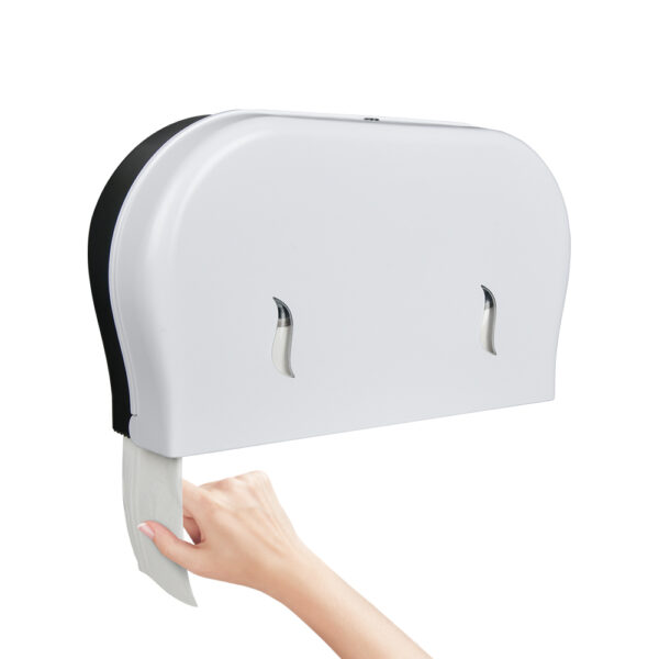 Two dual roll toilet paper dispensers Both feature a rounded design with two viewing windows on the front for monitoring paper levels