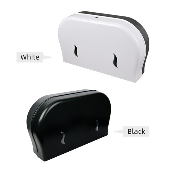 Two dual roll toilet paper dispensers Both feature a rounded design with two viewing windows on the front for monitoring paper levels