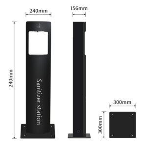 Three view dimension diagram of floor standing sanitizer station front width 240mm height 1240mm side depth 156mm base 300×300mm Sprayfoamliquid modes 3 adjustable dosage levels dual 5l capacity suitable for touchless hygiene in public areas