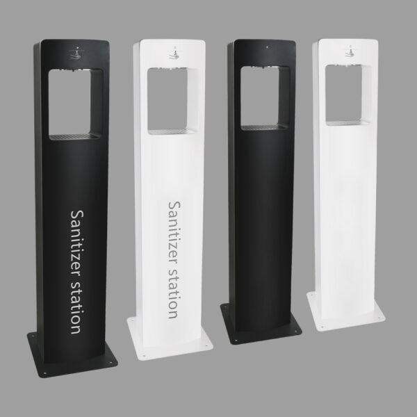 Floor standing sensor sanitizer station in black and white color options suitable for aesthetic integration in various public environments