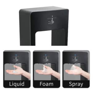 Black automatic sensor soap dispenser with three output modes liquid foam and spray touchless activation when hand is placed underneath