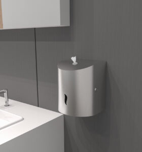 Stainless steel wall   mounted center   pull paper dispenser in a modern bathroom with tissue protruding from the top Its sleek design suits public or home restrooms