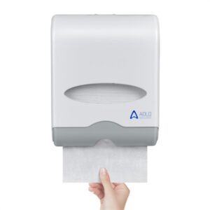 Aq 603 White Hand Towel Dispensernzvc fold Aolq | Top Public Hygiene Solutions Oemodm Manufacturer Aolo wall mounted paper towel dispenser in white and gray with a transparent viewing window shown dispensing a sheet of paper towel by hand